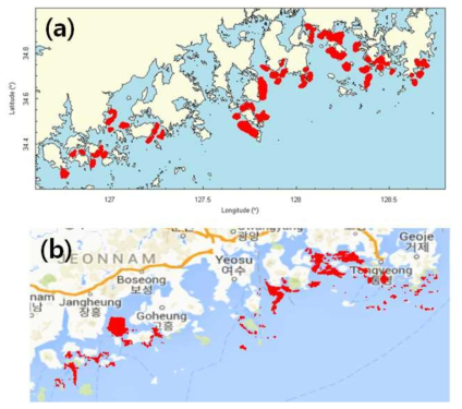 2003년 8월 22일의 Cocchlodinium 적조 분포. (a) 국립수산 과학원 적조속보. (b) MODIS 영상에서 인공신경망 알고리듬으로 계산한 적조분포