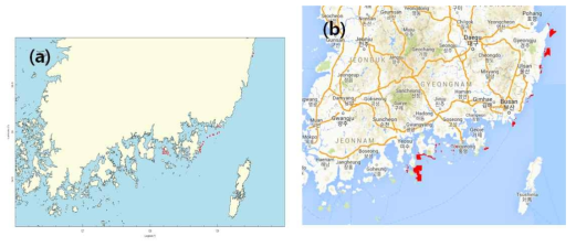 2007년 8월 17일의 Cocchlodinium 적조 분포. (a) 국립수산과학원 적조속보. (b) MODIS 영상에서 인공신경망 알고리듬으로 계산한 적조분포