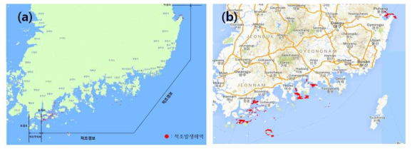 2015년 9월 4일의 Cocchlodinium 적조 분포. (a) 국립수산과학원 적조속보. (b) MODIS 영상에서 인공신경망 알고리듬으로 계산한 적조분포