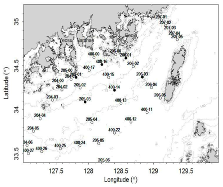 한국해양자료센터의 조사 관측정점 (검은 원: 이번 연구에서 장기 관측 자료를 위해 사용된 정점)