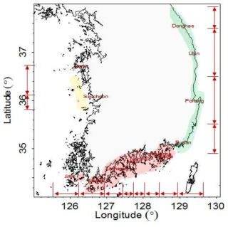 적조 발생 지역구분(음영 영역: 적조 발생 해역, 노란색: 서해안, 빨간색: 남해안, 녹색: 동해안)