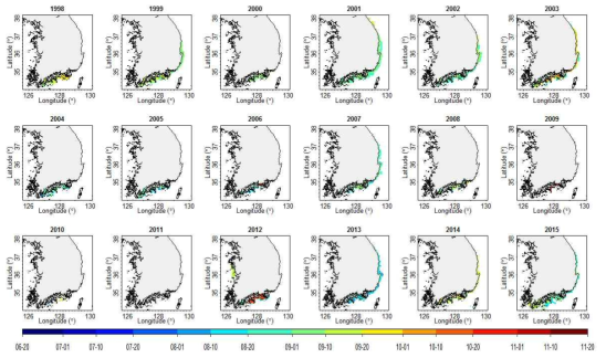 1998 ~ 2015년 연간 적조 발생 시·공간적 변화