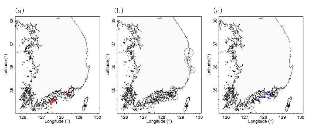 1998 ~ 2015년 (a) 적조 시작 시기, (b) 적조 peak 시기(원의 크기는 최대밀도의 상대적 크기), (c) 적조 종료 시기의 공간적 분포