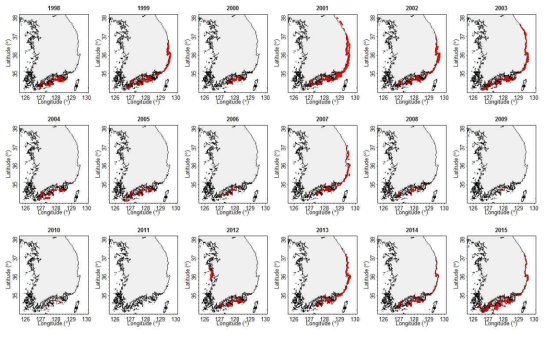 1998 ~ 2015년 한반도 전 해역의 적조 발생 공간적 분포
