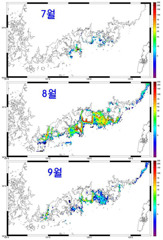 2002 ~ 2013년 7 ~ 9월 남해안 적조 발생 빈도수