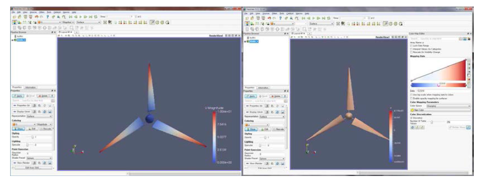 블레이드 표면 속도 및 압력의 해석결과의 Paraview 도시화면