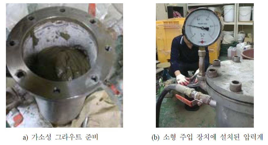 주입 장비 내 가소성 그라우트 투입 및 압력계