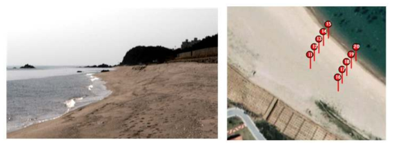 동해연구소 앞 해변에서 초분광 카메라로 촬영한 영상(좌)과 시료 채취 위치(우)