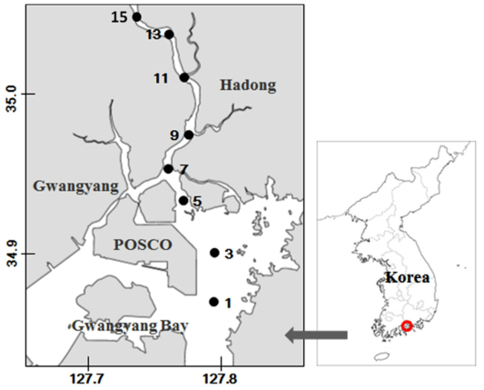 The study area and sampling sites in the Seomjin River estuary