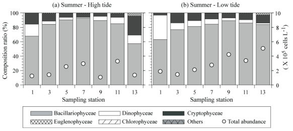 Spatial distribution of phytoplankton abundance and dominant phytoplankton in class level in summer, 2015