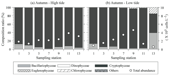 Spatial distribution of phytoplankton abundance and dominant phytoplankton in class level in autumn, 2015