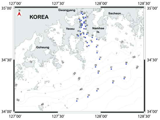 Location map showing sampling locations of surface sediments in the Gwangyang Bay