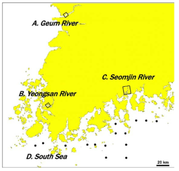 Locality map of the Southeastern Korea. Location of river sediments (square), and South Sea sediments (dots)