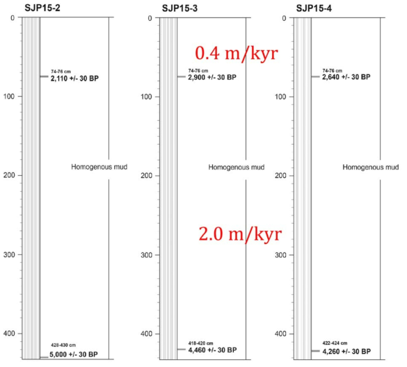 Description of three piston cores collected at the outer shelf of the Gyuangyang Bay with the measured C-14 ages