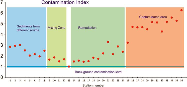 Relative contamination index of the surface sediments from the Gwangyang Bay. The index is calculated based on the concentration of Cr, Co, Ni, Cu, Zn and Pb