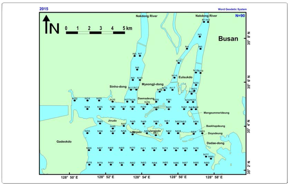 Sampling stations of 90 surface sediments in May and August 2015