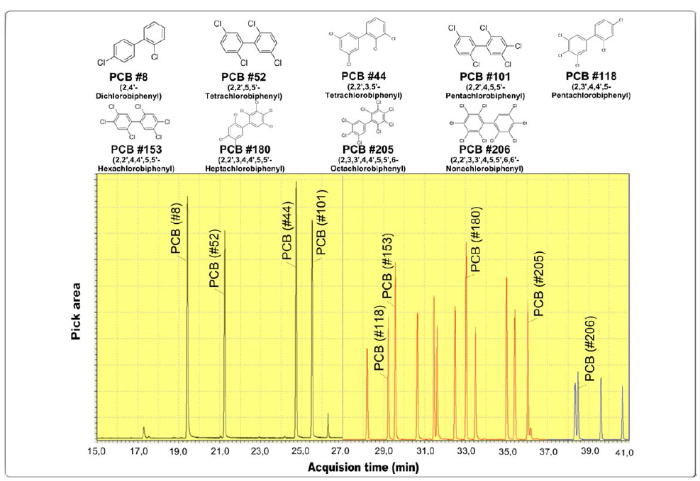 Chromatographs of polychlorinated biphenyls (PCBs)