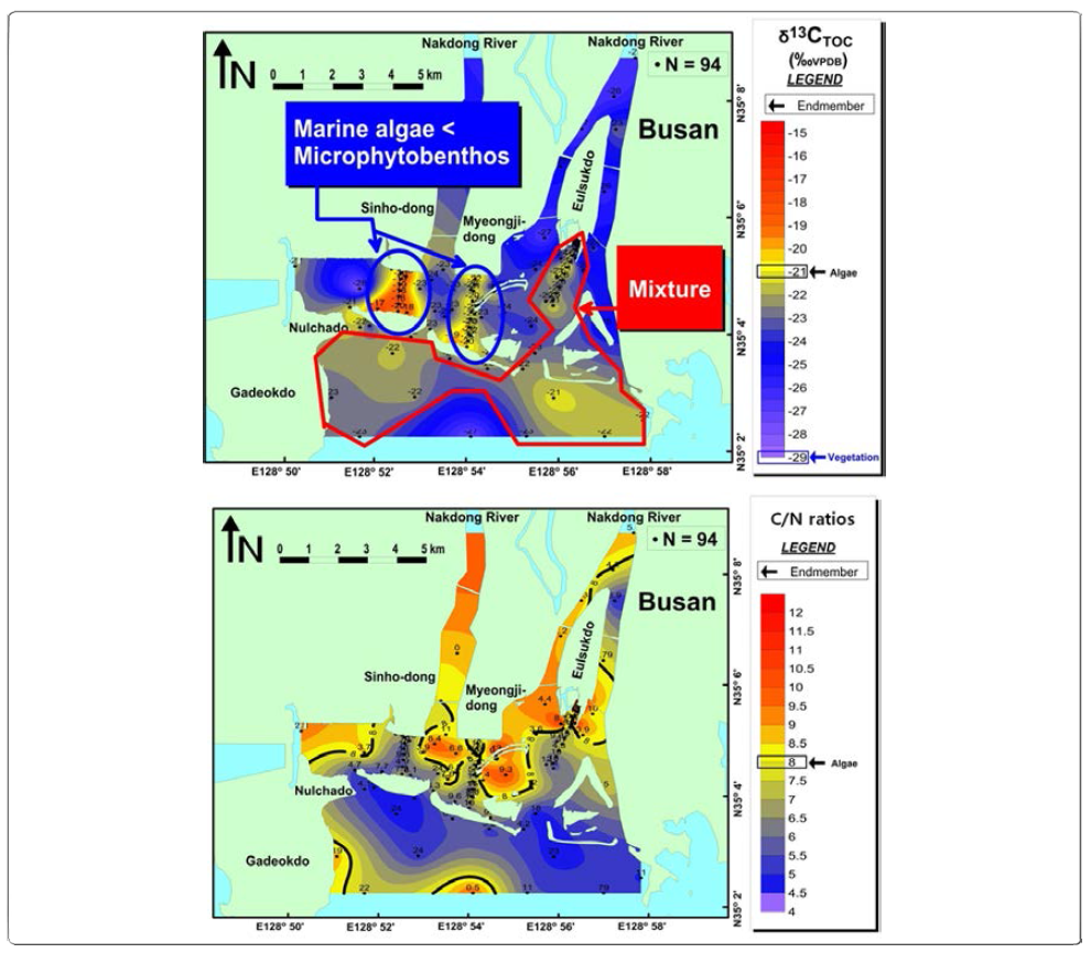 Distribution of stable carbon isotope (δ13CTOC) and total organi ccarbon/total nitrogen ratios(C/N ratios)