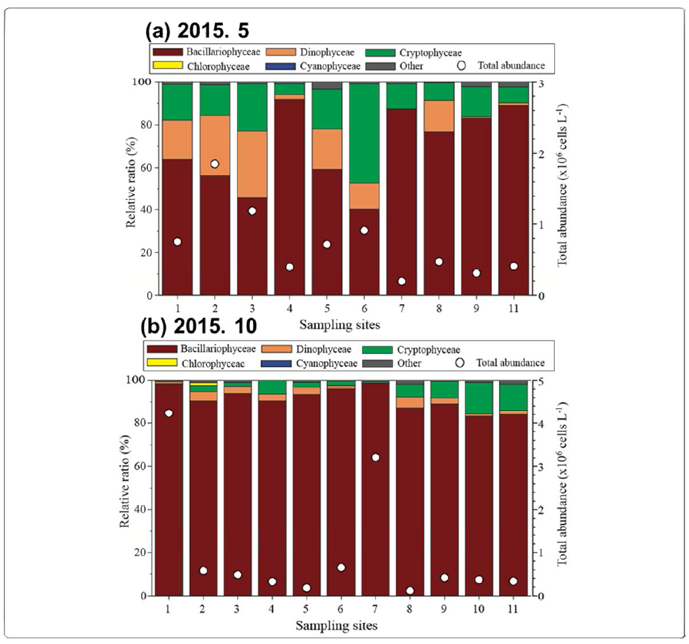 Spatial distribution of phytoplankton abundance and dominant phytoplankton in class level at the sampling stations in 2015