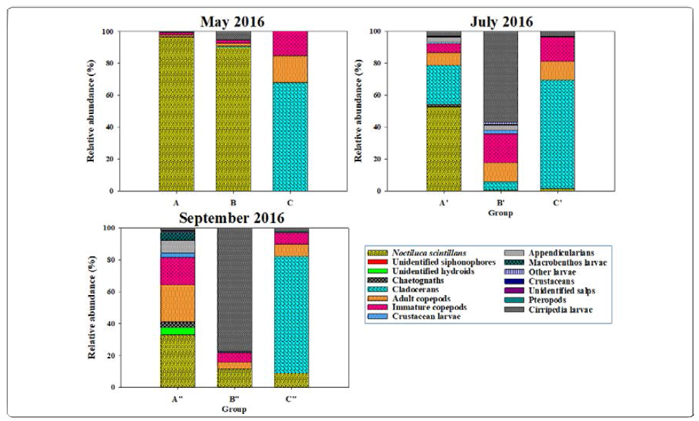 Relative abundance (%) of taxonomic groups in zooplankton community according to clustered groups in Nakdong River estuary during 2016