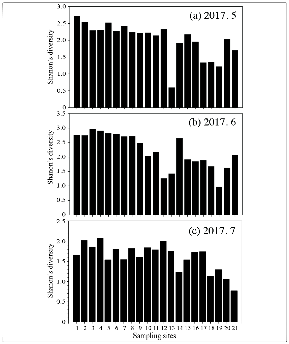 Shanon‘s diversity according to the phytoplankton composition of the Nakdong River in 2017