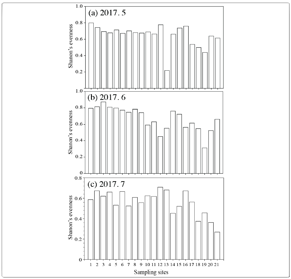 Shanon‘s evenness according to the phytoplankton composition of the Nakdong River in 2017