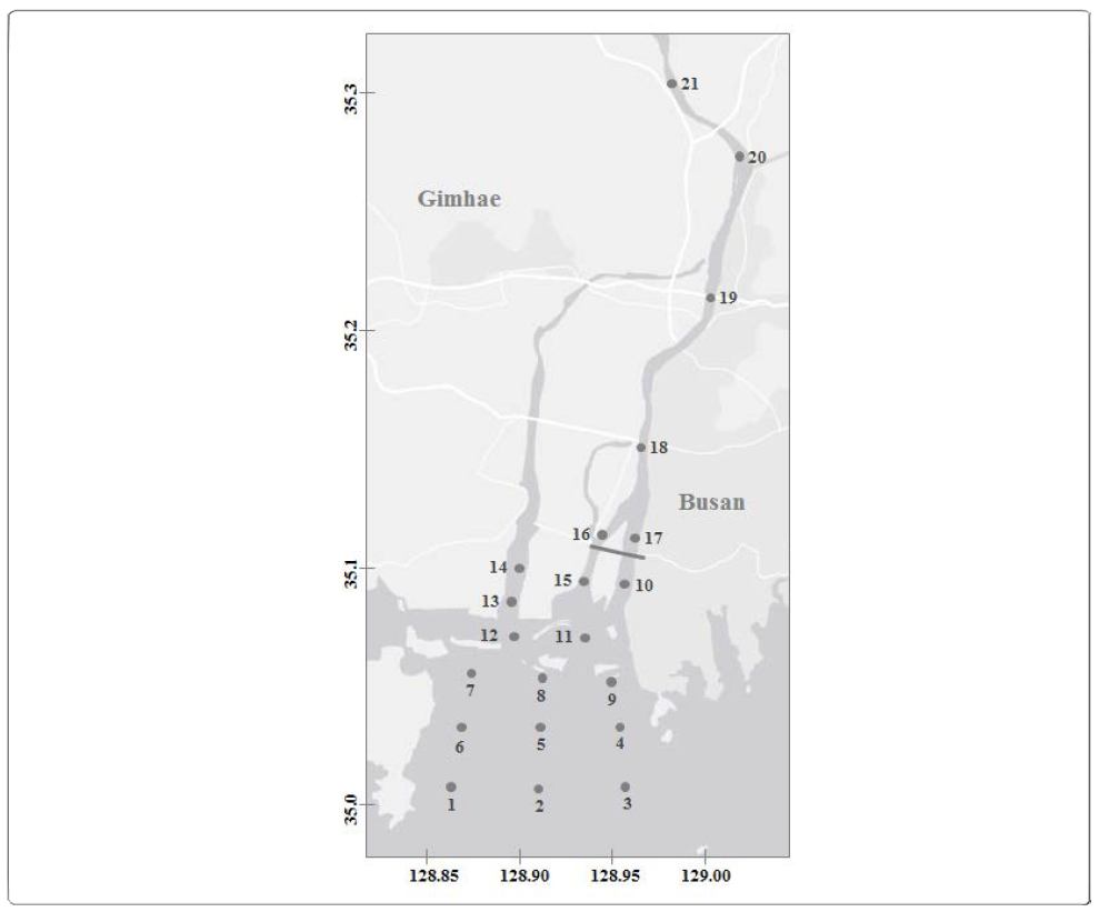 The sampling sites around the Nakdong River estuary and its subtidal area from May, 2015 to Jul., 2017