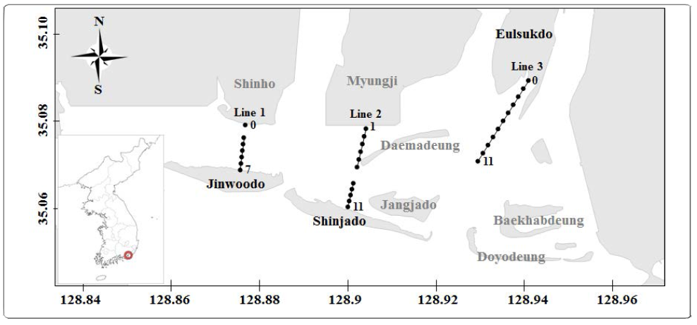 The sampling sites at the tidal flats around the barrier islands in the Nakdong River estuary during May of 2016 and 2017