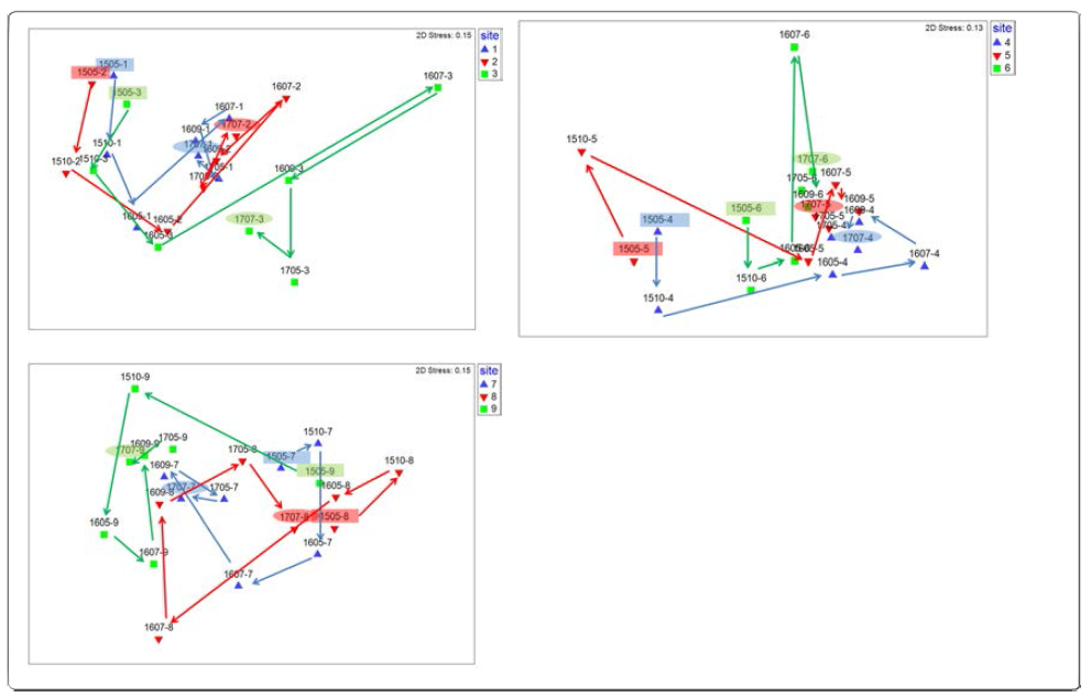 The changes in the faunal composition of subtidal macrobenthos represented by nMDS plots during the study period (“1505_1” means May, 2015 st. 1)