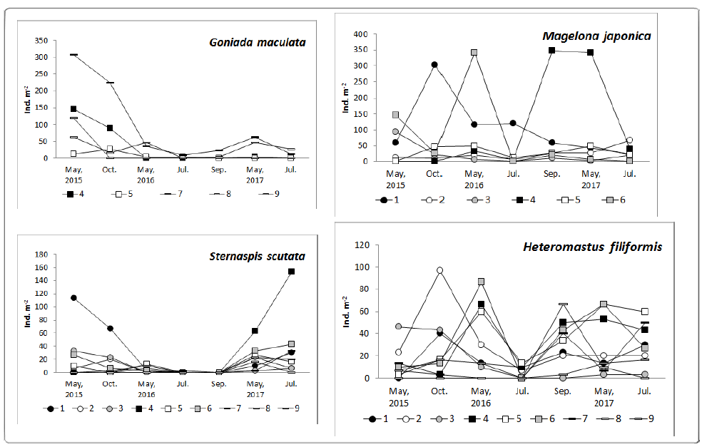 The seasonal variations in the density of major dominant species at the subtidal area of the Nakdong River estuary