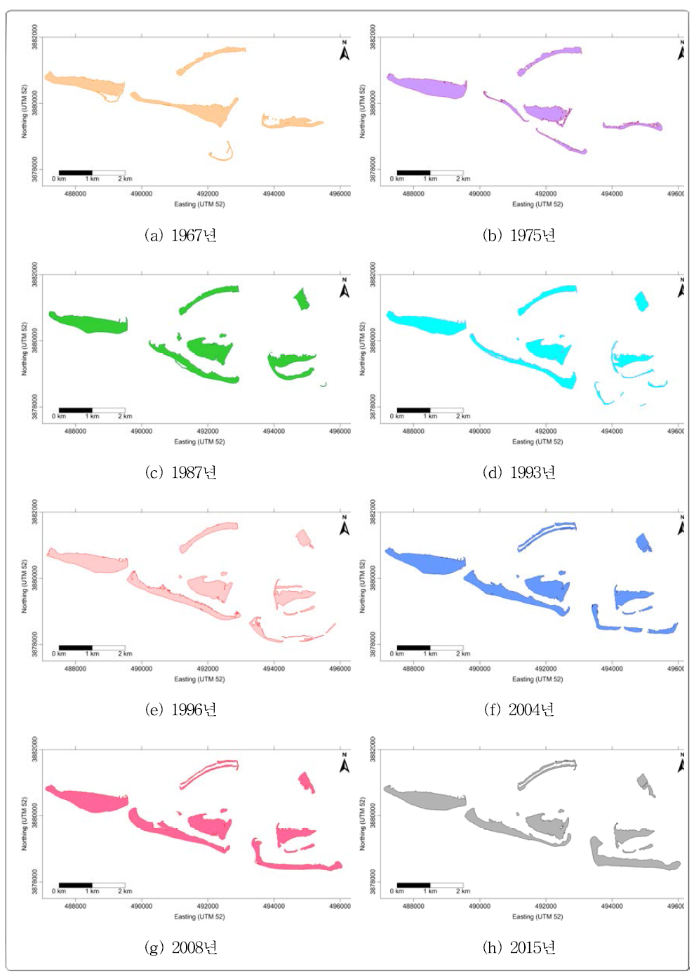 Time series of shoreline changes in blue box of Fig. 3-7-16