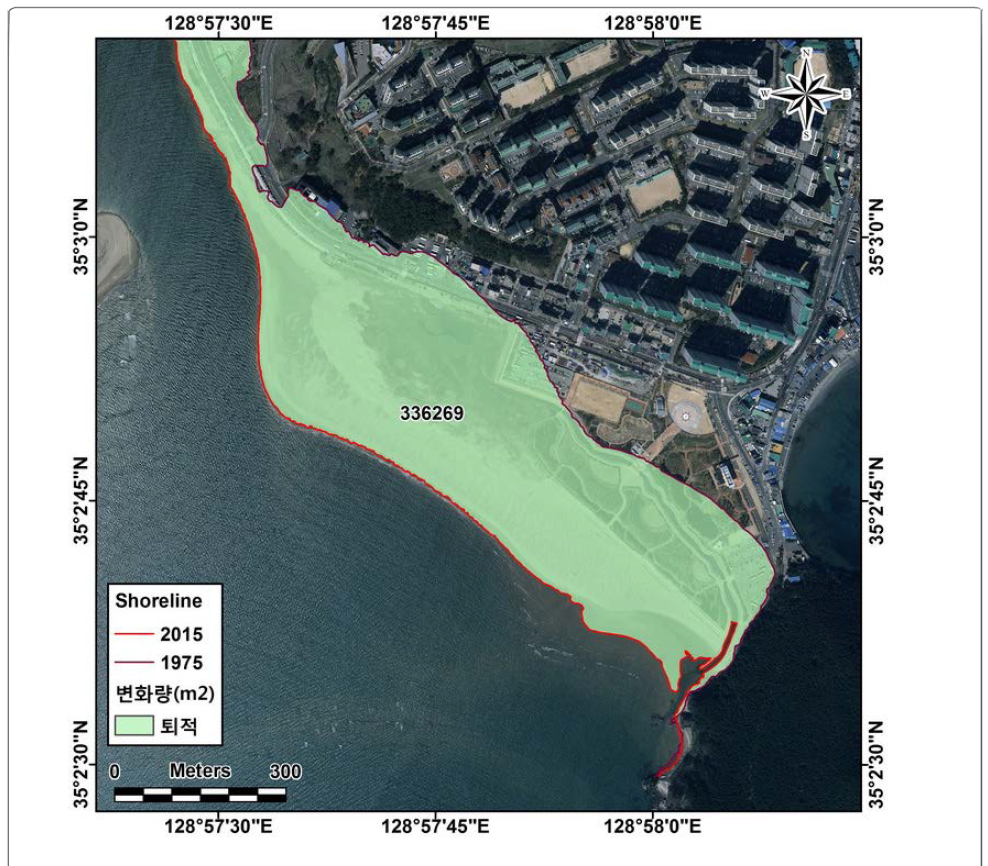 The total areal change of Dadaepo Beach for about 40 years from the year of 1975 to the year of 2015