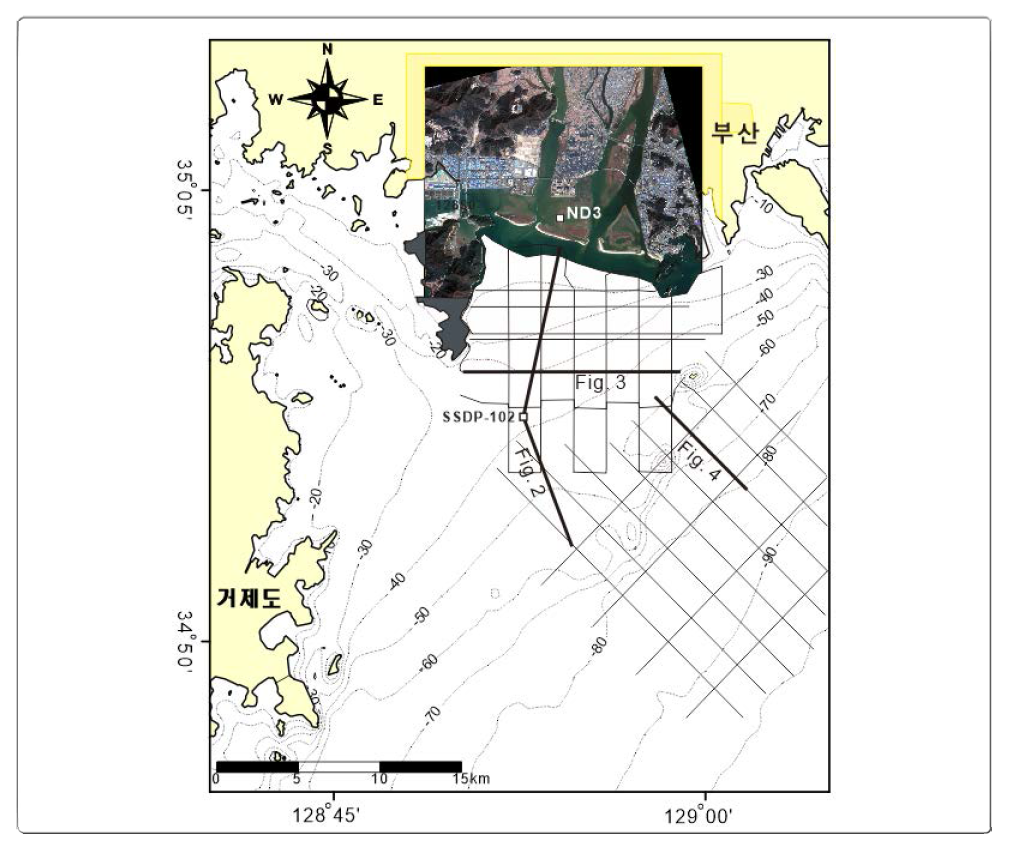 Study area map off the Nakdong River, including ship’s track for seismic survey. Thick bars with number are locations of figures in the text. ND3 and SSDP-102 are dilling sites