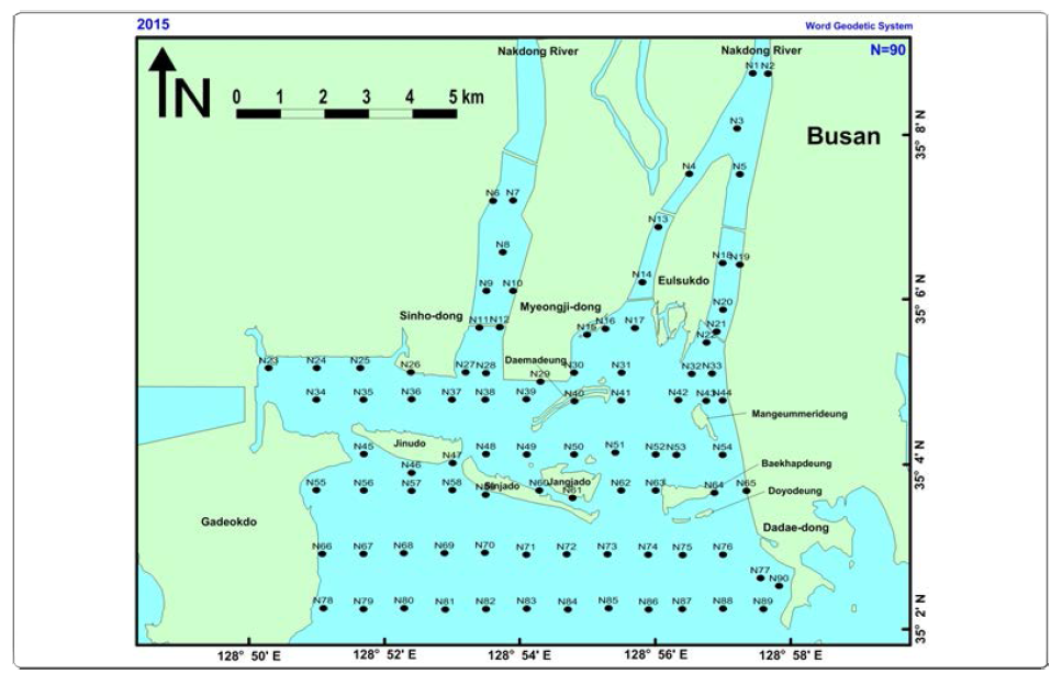 Sampling stations of 90 surface sediments in August 2015 and 2016