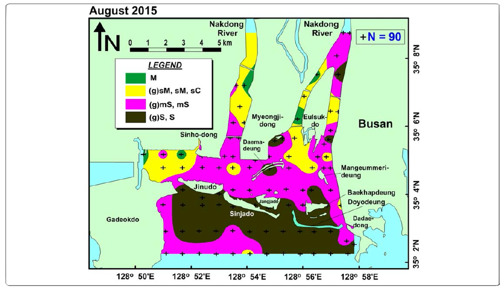 Distribution of surface sediments in the Nakdong River Estuary during summer 2015