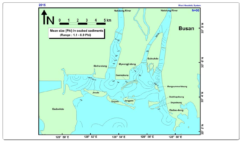 Distribution of mean grain size(∅) in suface sediments in the estuary during summer 2015