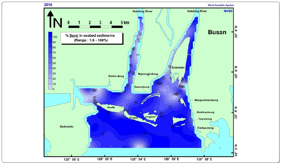 Distribution of sand content(%) in suface sediments in the estuary during summer 2016