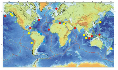 Tsunami occurrences (red points) triggered by slope failures (10,000 bp ~ present). Tappin (2010)