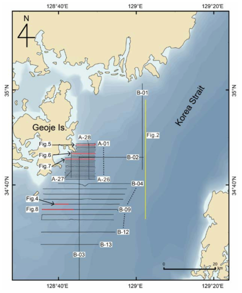 Locations of seismic profiles for the investigation of the offshore extension of the Yangsan fault. The seismic profiles referred to in the text are plotted as thick red lines labeled with a figure number