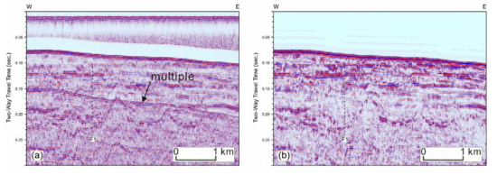 Comparison of (a) single- and (b) multi-channel seismic profiles of Line B-08. Note significant enhancement of the signal-to-noise ratio and suppression of the seafloor multiple on the multi-channel profile. F1 is the main fault identified in the study area