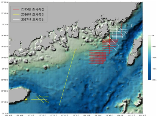 Survey site and survey tracks from 2015 to 2017 with bathymetry shown off the SE Korean Peninsula