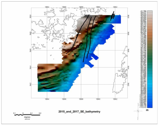Bathymetry map of the study area offshore from Geoje to Busan. Black solid lines are the predicted locations of Quaternary faults inferred from seismic profiles