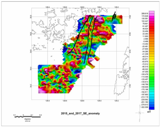 Magnetic anomaly map of the study area. Black solid lines are the locations of Quaternary faults inferred from seismic profiles
