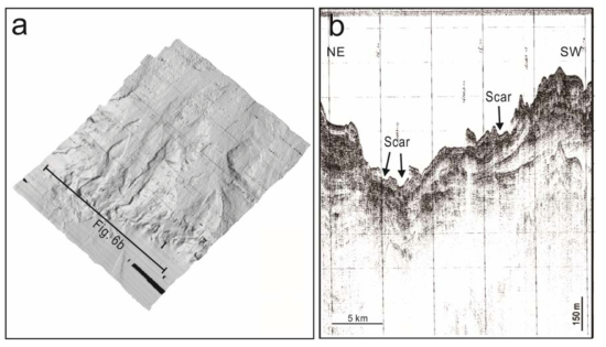 Shaded relief image [a] and a single-channel air-gun seismic profile [b] showing gullied slope-failure scars on the upper slope of the southern Ulleung Basin. For location of images[a], see Fig. 3-21. Modifed from Lee et al. (2014)