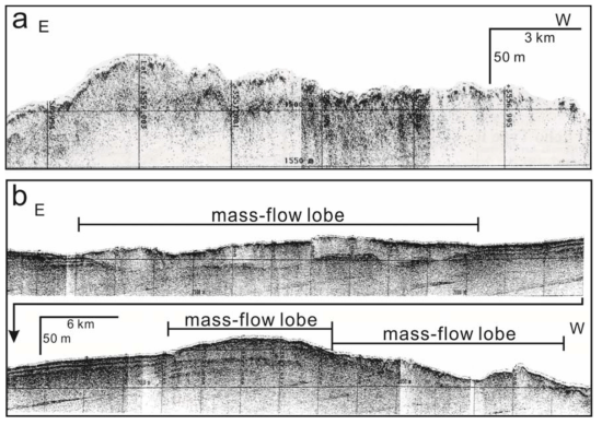 Chirp (2-7 kHz) subbottom profiles showing hummocky-surfaced mass-flow deposits on the southern middle slope (a) and sedimentary features of mass-flow lobes on the southern lower slope of the Ulleung Basin (b). For location of each profile, see Fig. 3-21. Modified from Lee et al. (2014)