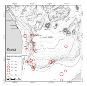 Map showing earthquake occurrence (>M3.0) between 1981 and 2012 in the Ulleung Basin (complied from KMA)