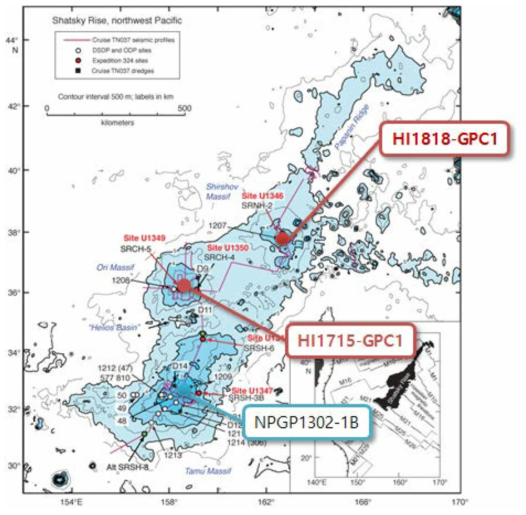 샤츠키 해저고원(Shatsky Rise)의 해저지형과 2018년도 획득시료 HI1818-GPC1 및 2017년 획득시료 HI1715-GPC1 의 위치(figure modified from Sager et al., 2009)