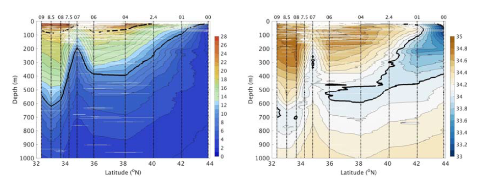 2018년 (2차년도) CTD로부터 획득한 수온(좌) 및 염분(우)의 관측 단면