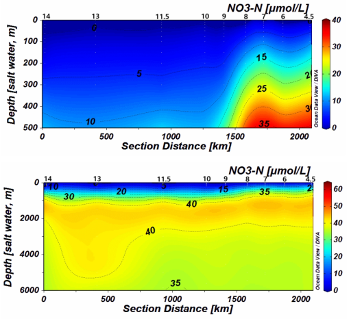2017년 쿠로시오 확장역 질산염 수직분포