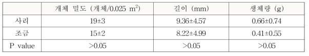 사리와 조금 때의 두토막눈썹참갯지렁이의 개체 밀도, 길이, 생체량